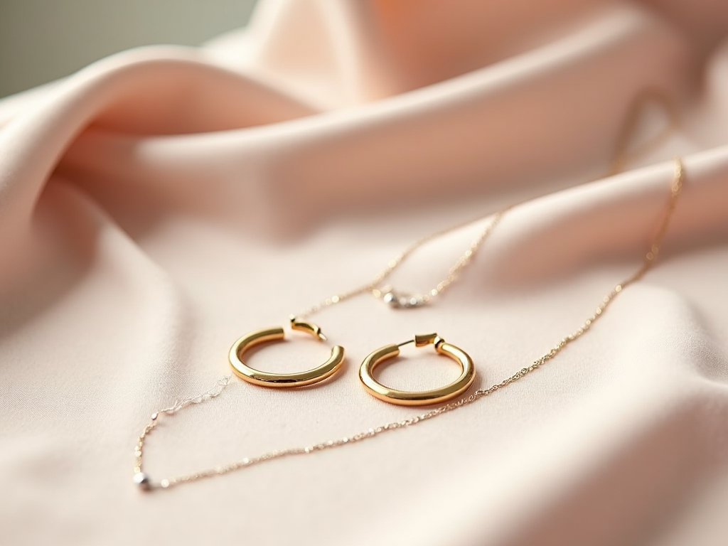 Golden hoop earrings and delicate chain necklace placed on soft pink fabric.