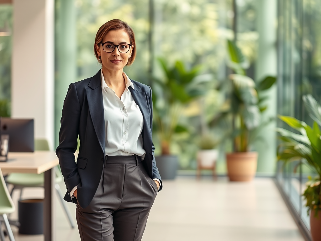 A confident woman in a suit stands in a modern, plant-filled office, hands in pockets, smiling slightly.