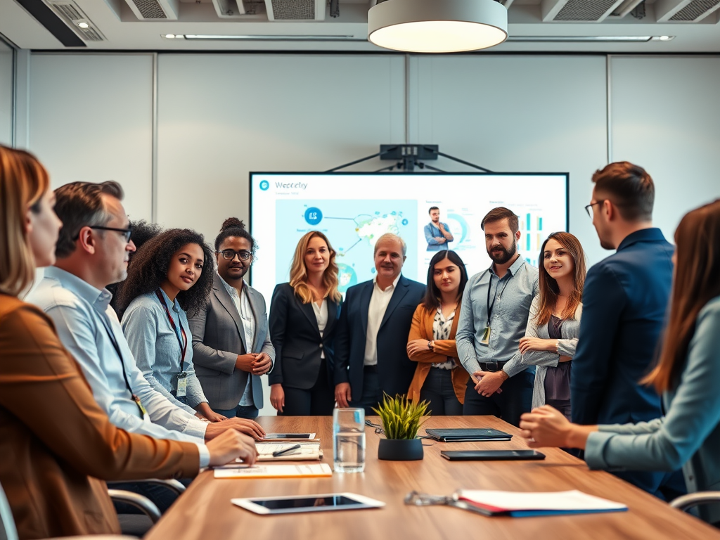 A diverse group of professionals stands in a meeting room, facing the camera, with a presentation displayed behind them.