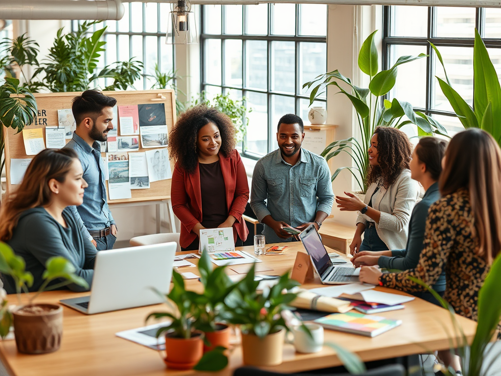 A diverse group of people engaged in a discussion around a table filled with laptops and documents in a bright office.