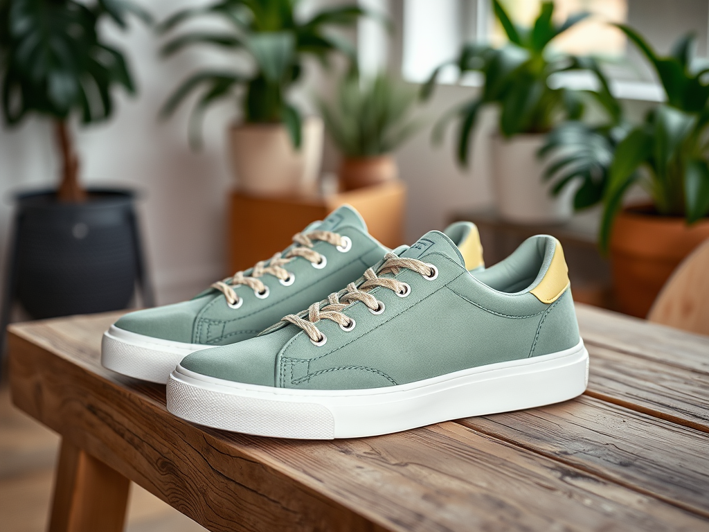 A pair of mint green sneakers with beige laces displayed on a wooden table, surrounded by indoor plants.