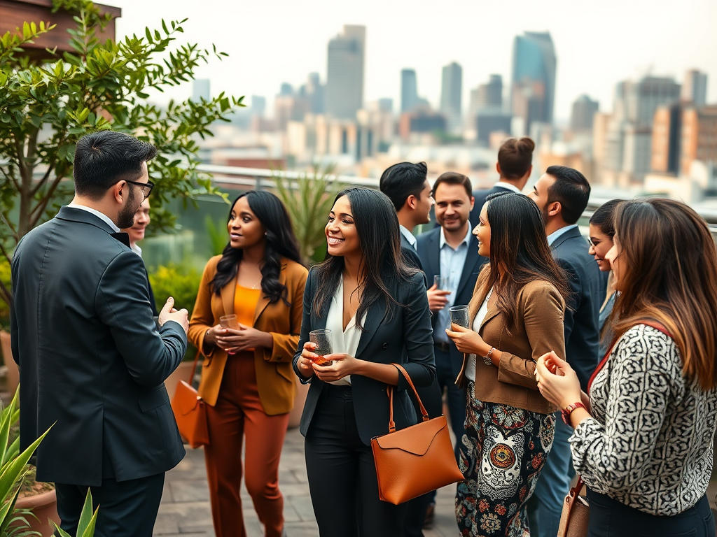 A group of business professionals socializing on a rooftop with a city skyline in the background.