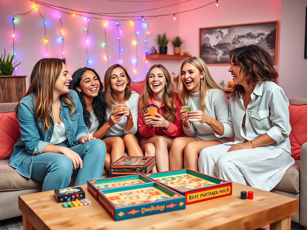 A group of six women laughing and enjoying drinks while playing board games in a cozy, decorated living room.