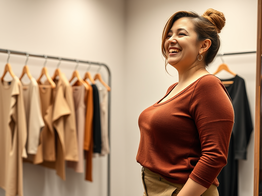 A woman in a rust-colored top smiles in front of a rack of various clothing items in a boutique.