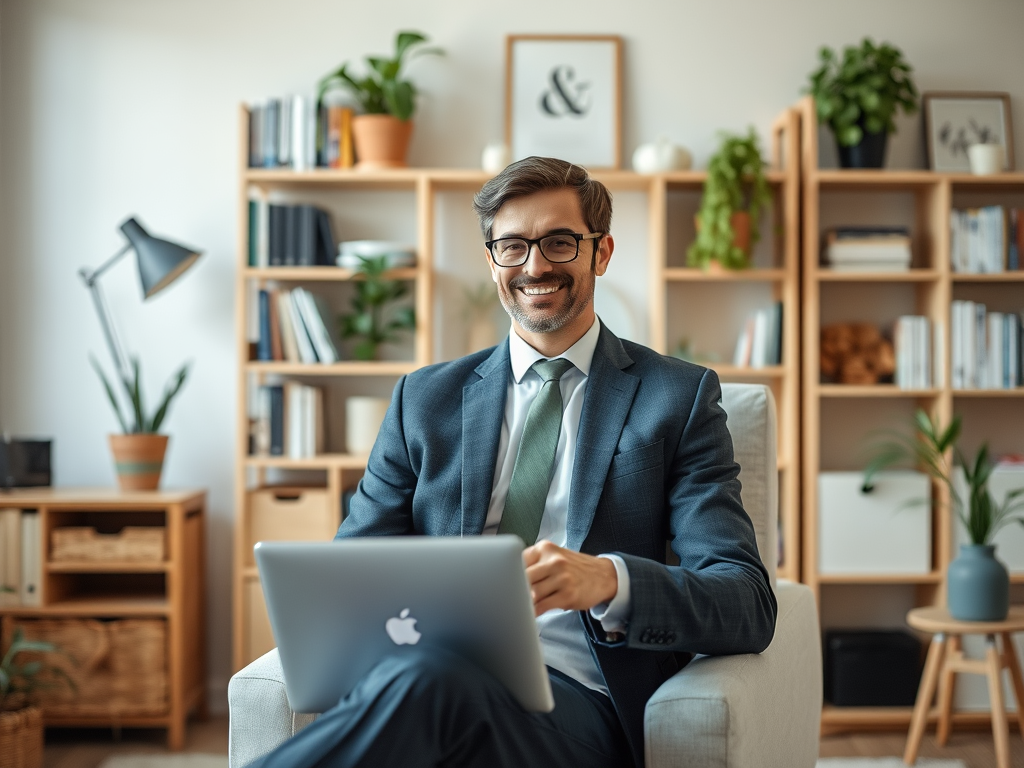 A smiling man in a suit sits in an office with a laptop, surrounded by books and plants.