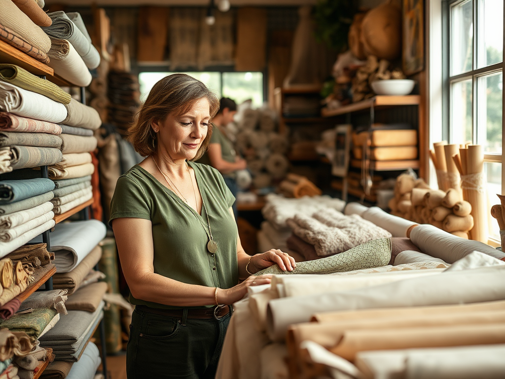 A woman examines fabric in a fabric store, surrounded by various rolls of colorful textiles and materials.