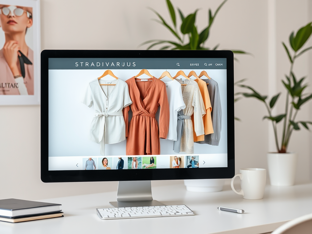 A computer screen displays Stradivarius clothing items on a white background with a stylish workspace in the background.