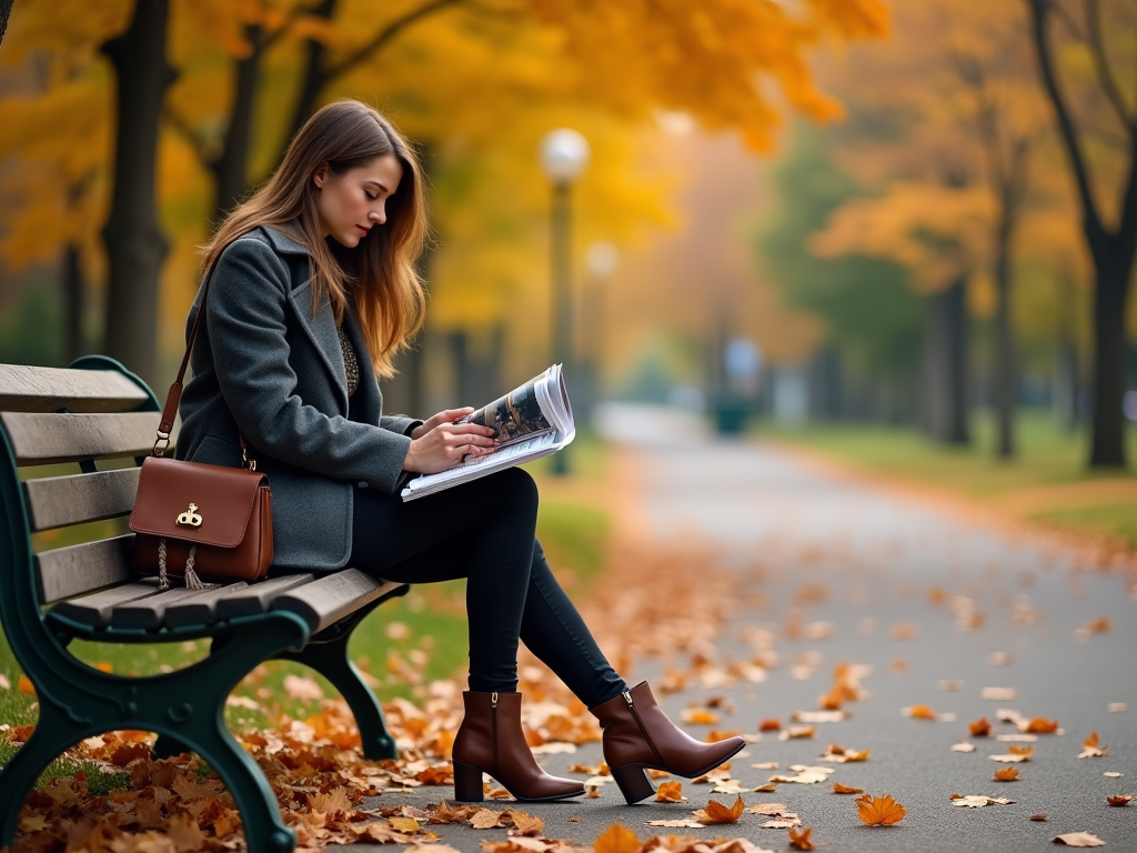 Woman reading a magazine on a park bench amidst autumn foliage.