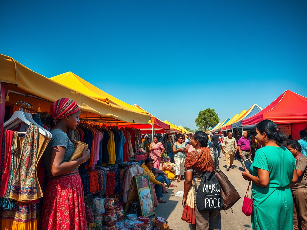 A vibrant outdoor market filled with colorful tents, people browsing clothing and goods under a clear blue sky.