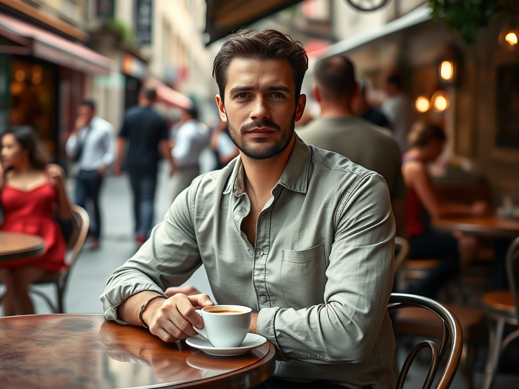 A young man sits at a café table, holding a cup of coffee, with people socializing in the background.