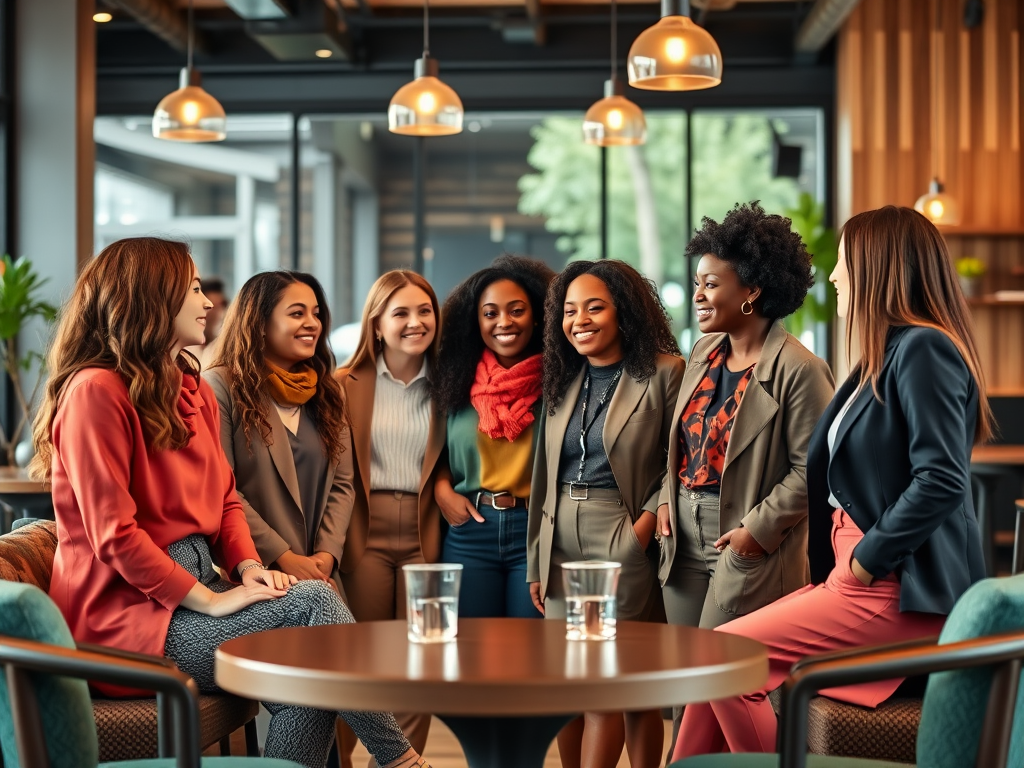 A group of eight smiling women in professional attire, gathered around a table in a modern cafe setting.