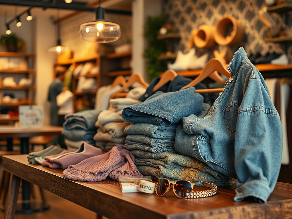 A cozy clothing store display features neatly stacked denim and sweaters on a wooden table with accessories.