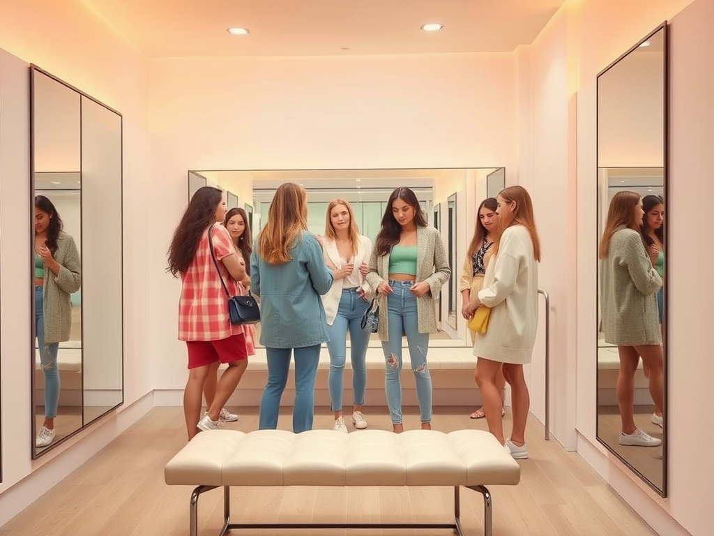 A group of six women trying on outfits in a stylish dressing room with mirrors and soft lighting.