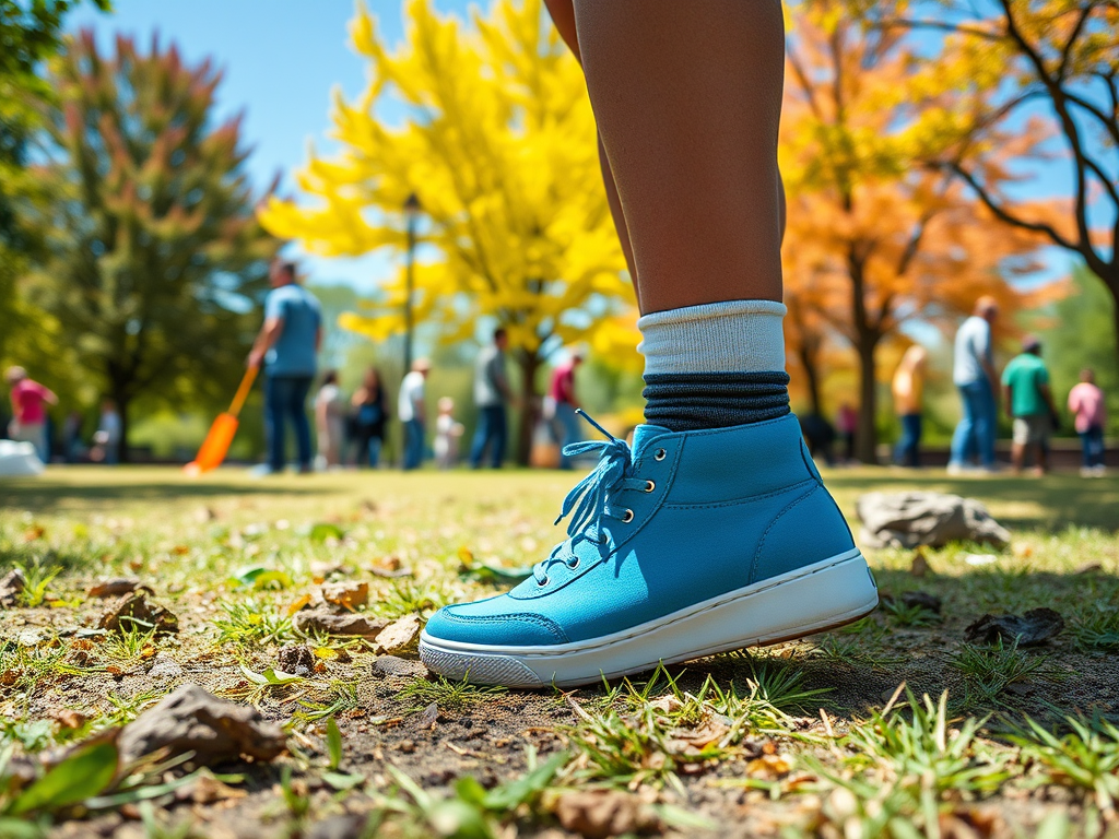 A close-up of a blue sneaker on a grassy field with people and colorful autumn trees in the background.
