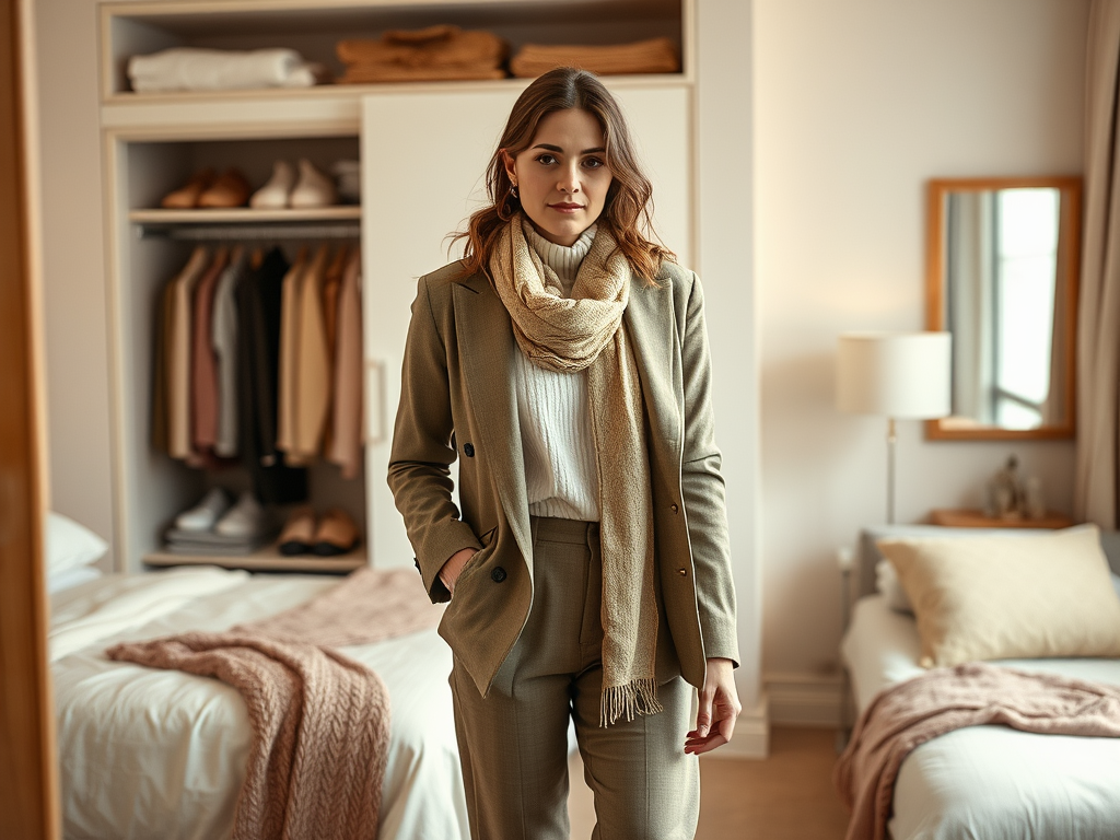 A woman in a stylish suit and scarf stands in a serene bedroom with a neatly organized wardrobe in the background.