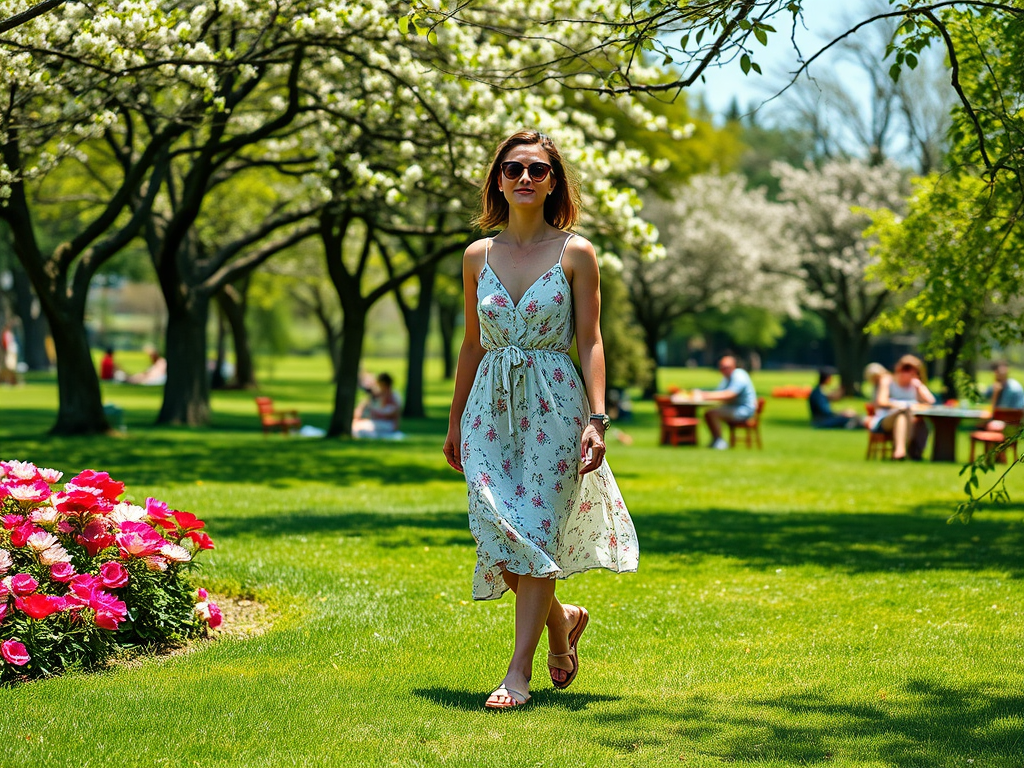 A woman walks through a park dressed in a floral sundress, surrounded by blooming trees and colorful flowers.