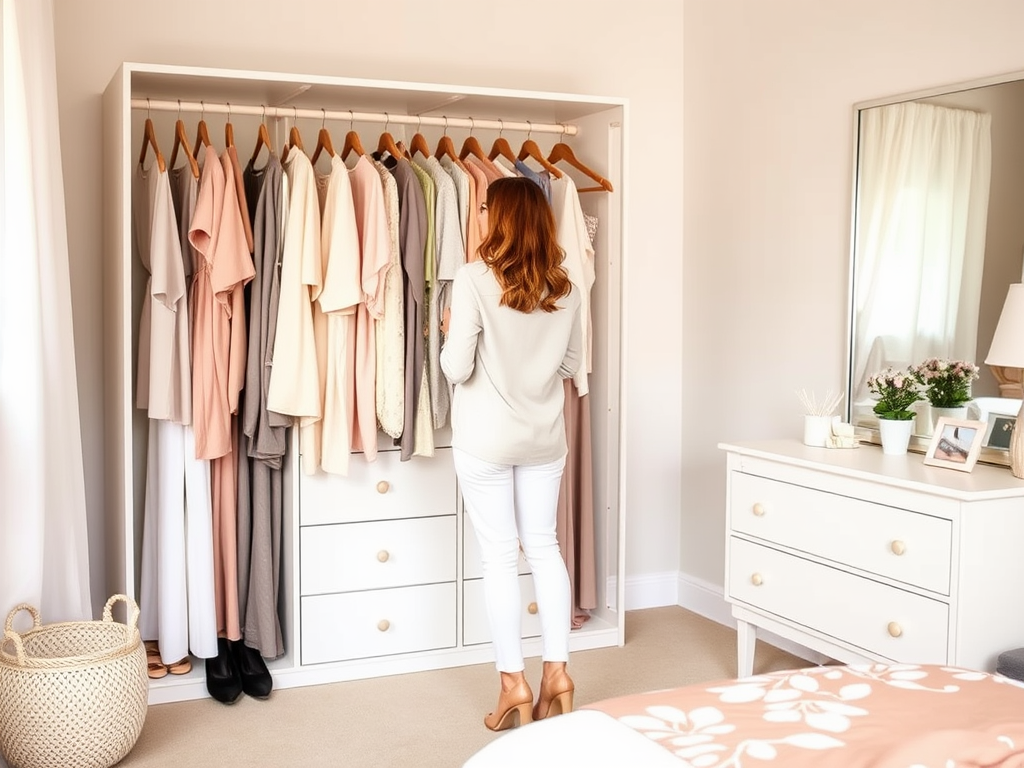 A woman stands in front of a neatly organized wardrobe, contemplating her outfit in a bright, stylish bedroom.